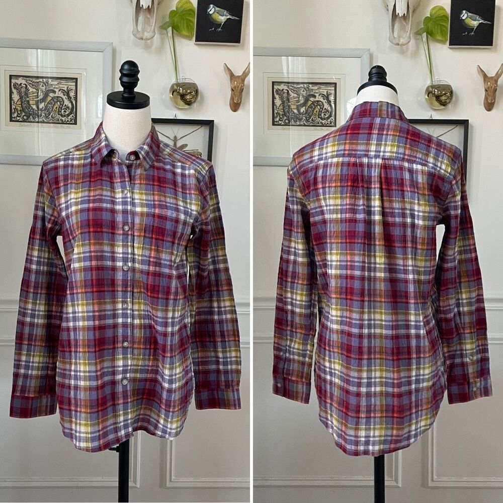 Eddie Bauer Classic Fit Plaid Button Up Shirt Red Purple Yellow Cotton M